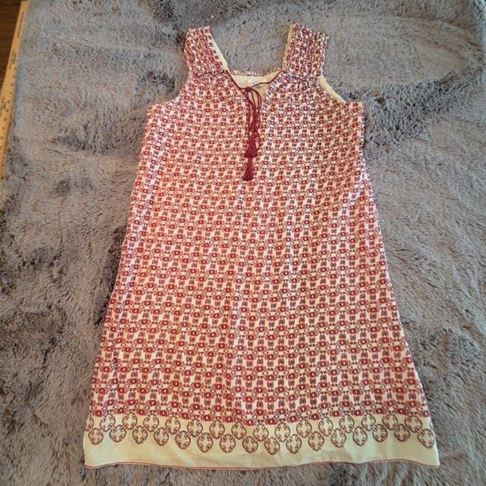 Sophie Max Dress Womens M Red Floral Tassel‎ Scoop Neck Shift Cotton Knee Length